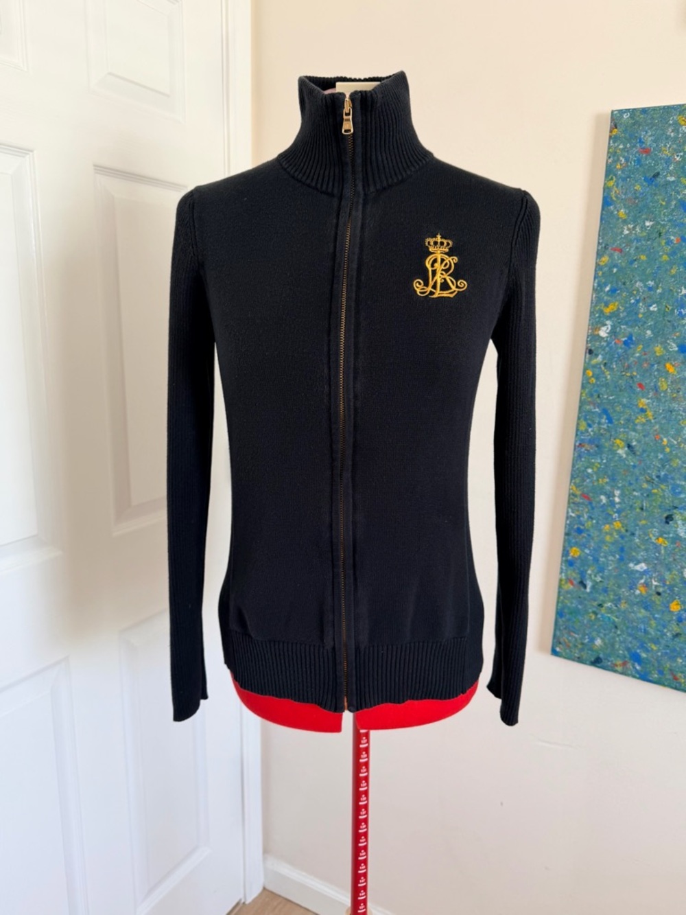 Vintage Y2K Lauren Ralph Lauren Zip Cardigan Black Gold Crest Sweater S–M